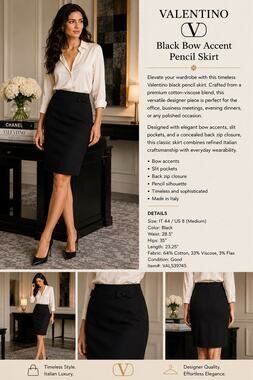 Valentino Black Bow Accent Pencil Skirt IT44 US8 Designer Cotton Blend Classic